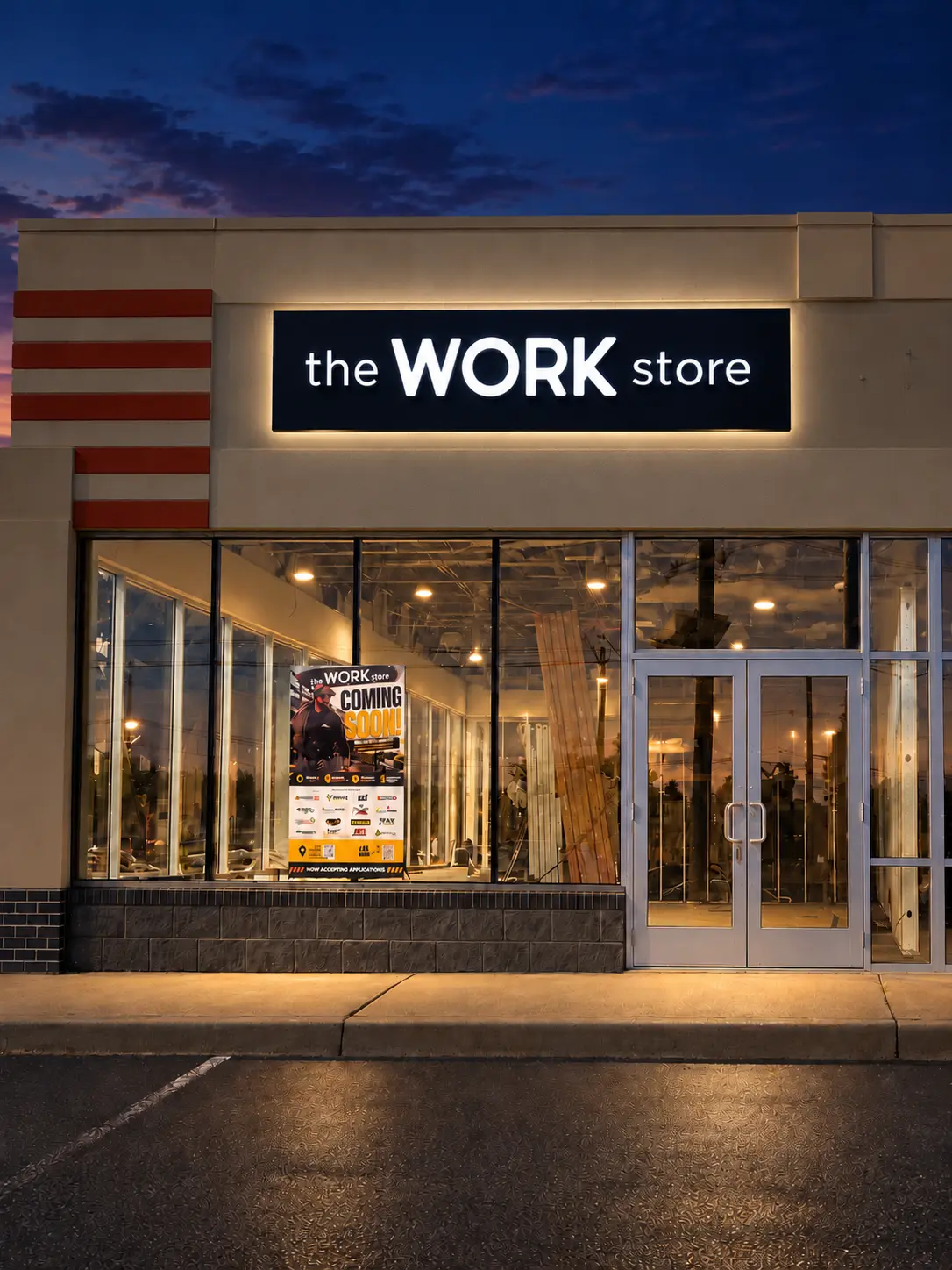 The Work Store Route 1 storefront in Metuchen at night with the illuminated sign